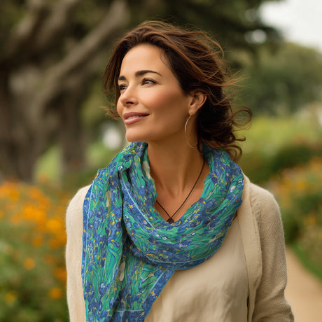 van Gogh Irises Silk Blend Shawl – Lightweight Dressy Wrap for Women