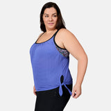 Women's Plus Size Textured Mesh Side Tie Blouson Tankini Top