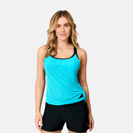 Women's Textured Mesh Side Tie Blouson Tankini Top