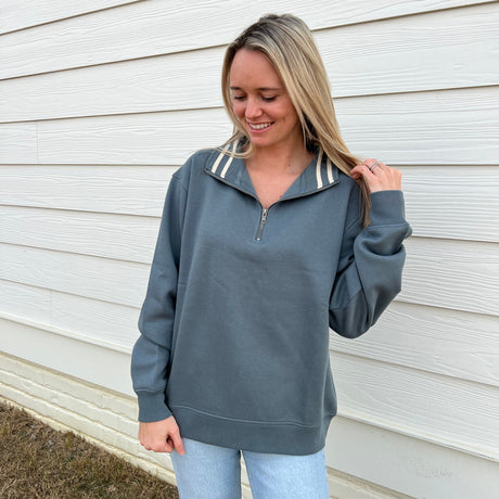 Still Water/Tapioca Stripe Quarter Zip Pullover